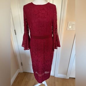 Eva Mendes for NY&CO lace midi dress with 3/4 bell sleeves in cranberry color